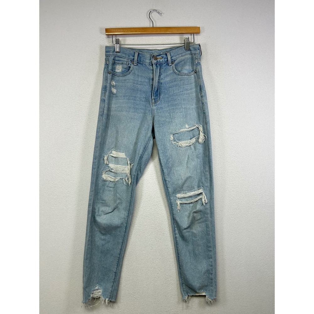 Grunge American Eagle Womens 2‎ Light Wash Ripped Distressed High Rise Mom Jeans